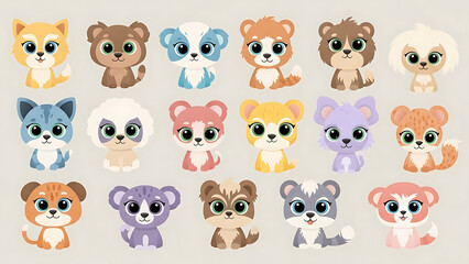 Obraz premium Colorful illustration of 18 cute little animal faces