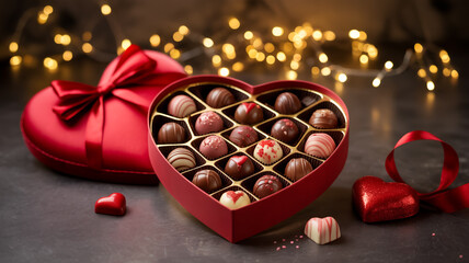 Luxury food photography of heart-shaped chocolate gift box with assorted truffles, red ribbon accents, warm fairy light bokeh, dark wooden background, romantic valentine dessert concept.