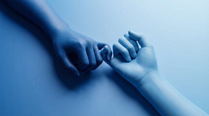 Two blue-toned hands make a pinky promise gesture, symbolizing trust and commitment against a soft blue background.