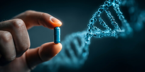 Researcher studies blue healthcare pill alongside DNA structure