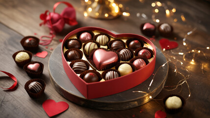 Luxury food photography of heart-shaped chocolate gift box with assorted truffles, red ribbon accents, warm fairy light bokeh, dark wooden background, romantic valentine dessert concept.