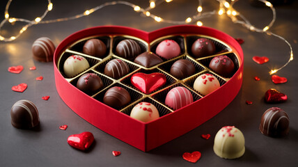 Luxury food photography of heart-shaped chocolate gift box with assorted truffles, red ribbon accents, warm fairy light bokeh, dark wooden background, romantic valentine dessert concept.