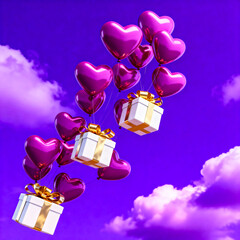 Shiny purple heart-shaped balloons float upwards, carrying golden gift boxes through a vibrant purple sky with soft clouds.