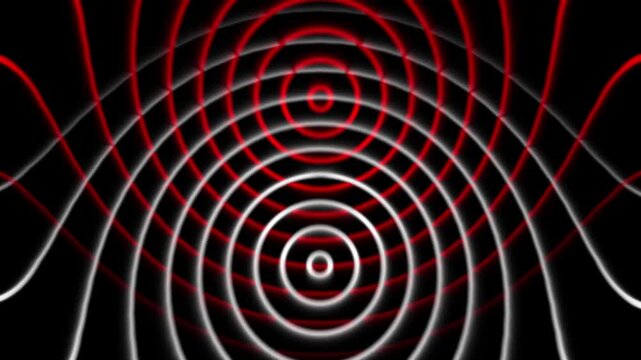 Abstract red and white neon glowing curved intersecting lines pattern on black background motion loop