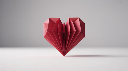 High-end commercial photography of an intricately folded 3D geometric paper heart, crimson texture, minimalist white studio background, copy space, softbox lighting, ultra-high-resolution. 