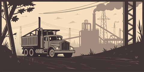 Heavy Truck in Industrial Zone with Smoky Factories