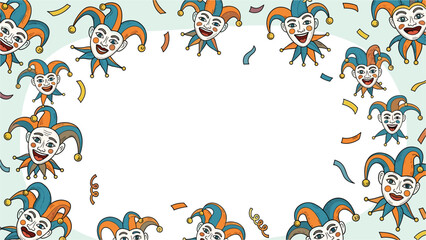 Fototapeta premium A colorful illustration of jester faces and confetti in a circular pattern on a white background