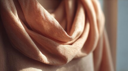 Close-up of a peach-colored fabric. the fabric appears to be soft and silky, with a subtle sheen. the edges of the fabric are folded in a way that creates a sense of movement and texture.