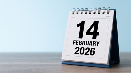 Closeup studio photo of upright white desk calendar showing 14 February 2026, spiral bound, minimal typography, soft daylight, gray wood texture, clean background.
