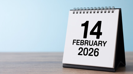 Closeup studio photo of upright white desk calendar showing 14 February 2026, spiral bound, minimal typography, soft daylight, gray wood texture, clean background.