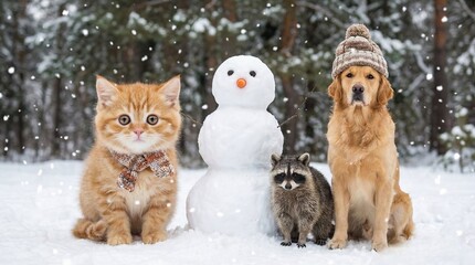 Orange cat, snowman, raccoon, and golden retriever wearing knit hat sitting together in snowy winter forest with falling snow