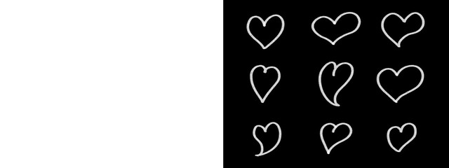 Hand Drawn White Chalk Heart Outline Icons Set with Scribble Texture on Black Background