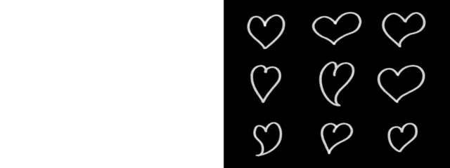 Hand Drawn White Chalk Heart Outline Icons Set with Scribble Texture on Black Background
