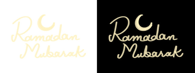 Golden Ramadan Mubarak Hand Lettering Typography with Crescent Moon Icon on Black and White