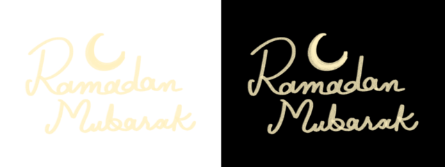 Golden Ramadan Mubarak Hand Lettering Typography with Crescent Moon Icon on Black and White