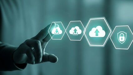 Businessman interacting with cloud computing and data security interface