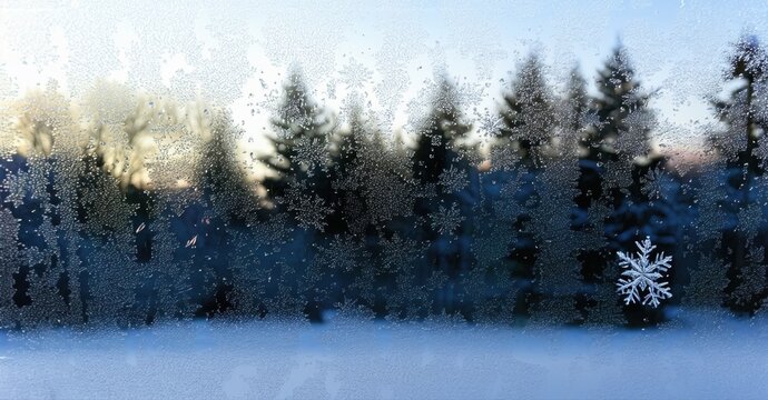 Winter scene. Frosty window obscures view, snow covered trees visible. Cold atmosphere, peaceful landscape.
