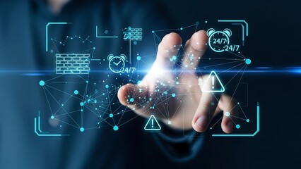 Businessman interacting with futuristic digital interface with icons