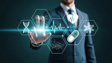 Businessman interacting with futuristic medical interface technology