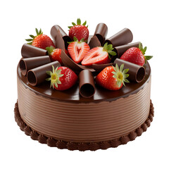 Indulge in a decadent chocolate cake adorned with fresh strawberries and elegant chocolate curls