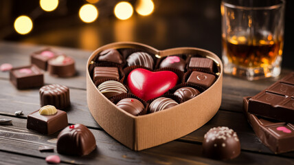 Luxury close-up of heart chocolate gift box with assorted truffles on rustic wooden table, red centerpiece, soft golden bokeh, blurred whiskey glass, romantic mood.