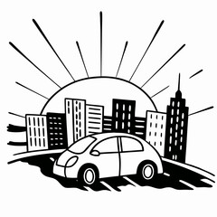 Hybrid Car in City at Golden Sunrise