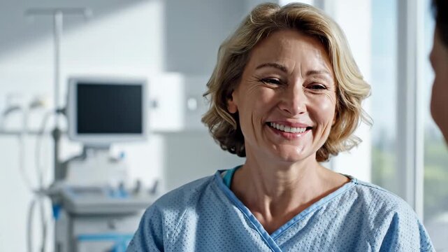 Happy middle-aged female patient smiling in a hospital room. A woman receives good news from her doctor during a consultation. Healthcare and recovery concept