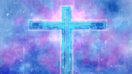 Futuristic Christian Cross Illustration Blends Faith and Technology in Serene Blue Light
