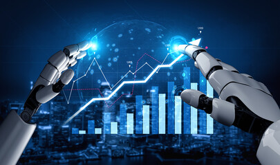 A futuristic robotic hand interacts with digital analytics displays and data visualizations, showcasing trends and growth against a city skyline in a nighttime setting. Scalp