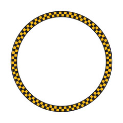 Round taxi or police frame with black and yellow chequered pattern isolated on white background. Circular vignette with checkerboard print. Circle shaped framework. Vector flat illistration
