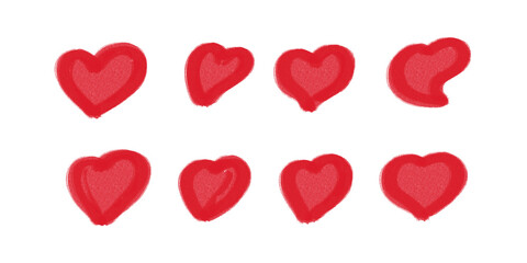Hand Drawn Red Painted Heart Icons Set with Artistic Brush Stroke Texture on White
