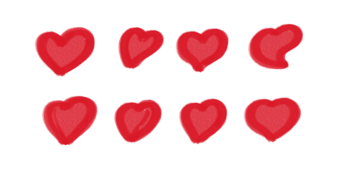 Hand Drawn Red Painted Heart Icons Set with Artistic Brush Stroke Texture on White