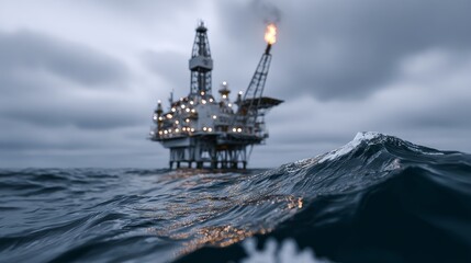 A large oil rig is floating in the ocean with a fire on top of it. The sky is cloudy and the water is choppy