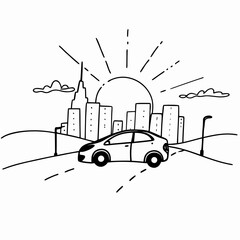 Hybrid Car in City at Golden Sunrise