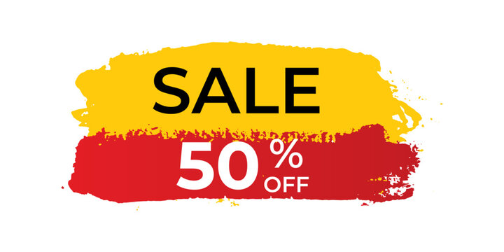Yellow and red brush stroke background with black text sale 50 percent off white text