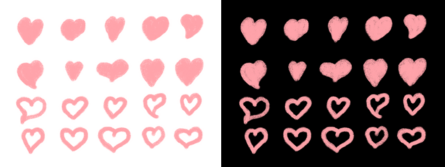 Hand Drawn Pink Chalk Heart Icons Set with Scribble and Outline Textures on Black and White