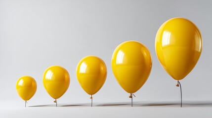 A series of yellow balloons are lined up in a row. The balloons are all different sizes, with the smallest one being the furthest left and the largest one being the furthest right