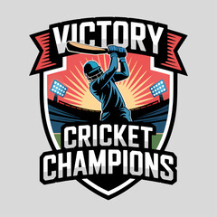 Victory Cricket Champions shield logo with batsman swing, stadium lights and sunburst ribbon crest, dynamic tournament badge vector for teams, leagues and apparel