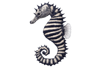 Fototapeta premium Seahorse with striking black and white zebra stripes creating a unique hybrid aquatic animal, rendered on transparent background