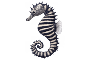 Seahorse with striking black and white zebra stripes creating a unique hybrid aquatic animal, rendered on transparent background