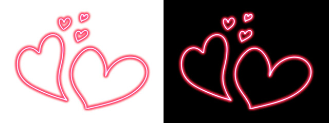 Neon Pink Linked Hearts Icon Set with Glowing Light Outline on Black and White