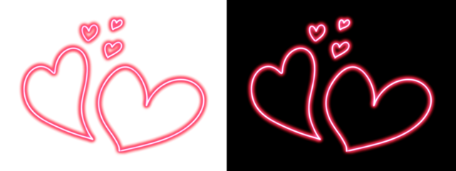Neon Pink Linked Hearts Icon Set with Glowing Light Outline on Black and White