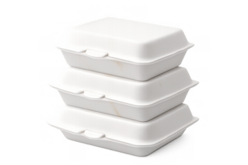 Stacked white disposable takeout containers, food packaging for quick delivery and meals on transparent background