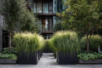 Fototapeta premium In the heart of an urban area, a vibrant garden space comes alive during the daytime, featuring lush green plants nestled in large pots alongside towering trees