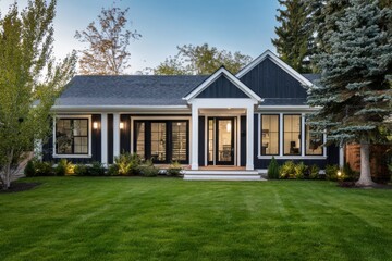 A charming black and white house is nestled within a lush green yard, with tall trees gently swaying in the evening light, creating a picturesque scene