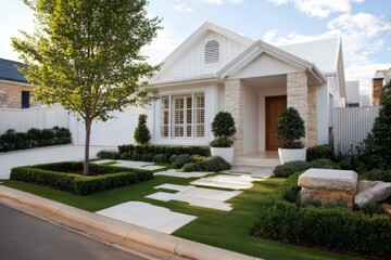 Fototapeta premium New house with modern landscape design located in a quiet neighborhood showing a well-maintained front yard and clear skies in the afternoon