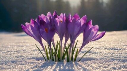 Purple Crocus Flowers Blooming Through Fresh Snow at Sunrise, Spring Awakening Concept