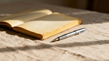 An open vintage notebook and a silver fountain pen lie beside it on a linen surface. The tranquil atmosphere evokes a sense of quiet contemplation.