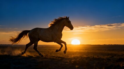 A majestic horse is galloping towards the golden dawn, symbolizing hope, new beginnings, and a fresh start.