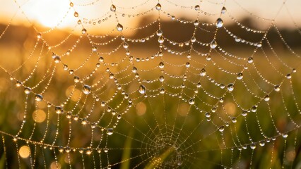A spiderweb covered in morning dew, illuminated by sunlight.